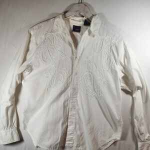 Lizwear y2k western style Petite White Cotton Embroidered Paisley Button Down